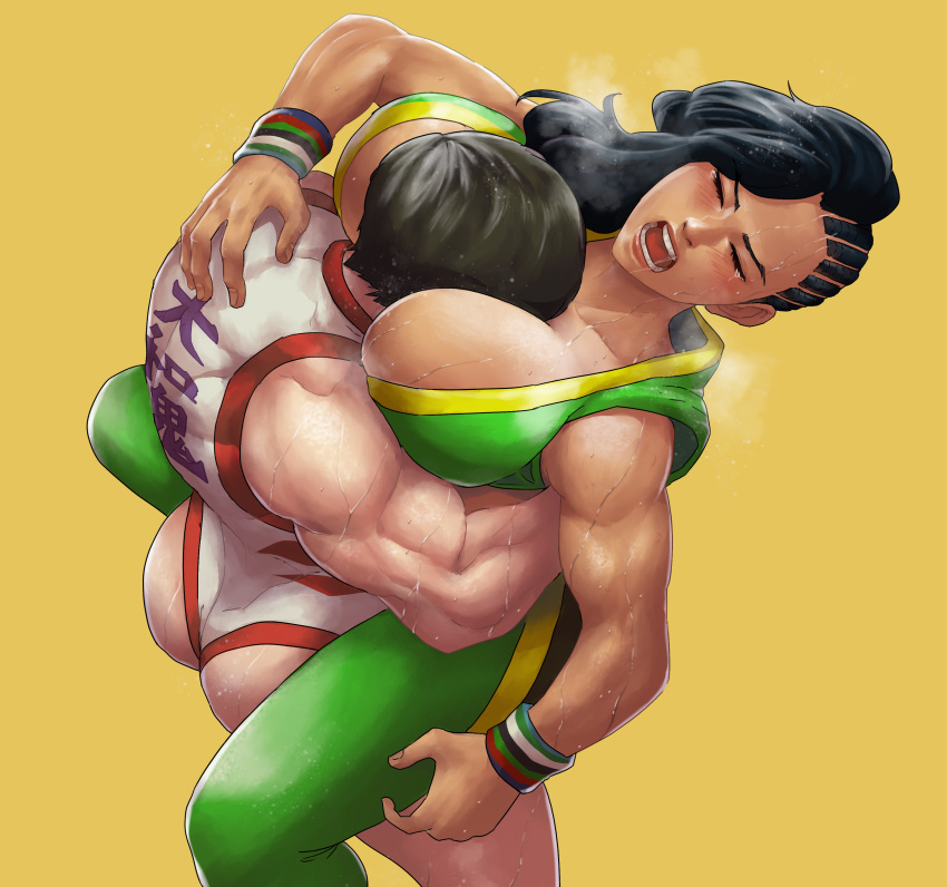 2girls ass asymmetrical_hair bearhug black_hair bracelet breast_smother breasts cornrows dark_skin fauzy_zulvikar_firmansyah jewelry large_breasts laura_matsuda leotard long_hair multiple_girls ryona short_hair simple_background street_fighter street_fighter_v sweat traditional_media watercolor_(medium) wrestling wrestling_outfit yamato_nadeshiko_(street_fighter)