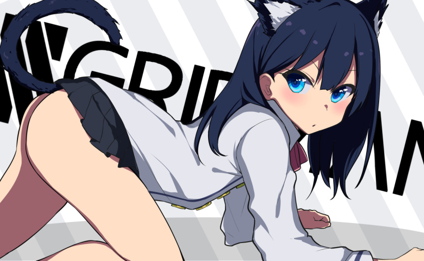 all_fours animal_ear_fluff animal_ears ass bangs black_hair black_skirt blue_eyes blush cardigan cat_ears cat_girl cat_tail closed_mouth commentary_request copyright_name eyebrows_behind_hair grey_cardigan hair_between_eyes kemonomimi_mode long_hair long_sleeves looking_at_viewer looking_to_the_side microskirt pleated_skirt ratsuku_kinoko skirt solo ssss.gridman tail tail_raised takarada_rikka v-shaped_eyebrows