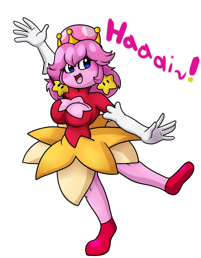2018 alpha_channel armwear blue_eyes blush breasts cleavage cleavage_cutout clothed clothing crossgender crown digital_media_(artwork) dress elbow_gloves english_text female gloves hair humanoid kirby kirby_(series) looking_at_viewer nintendo not_furry open_mouth pink_hair pink_skin simple_background smile star super_crown text video_games yoshimister
