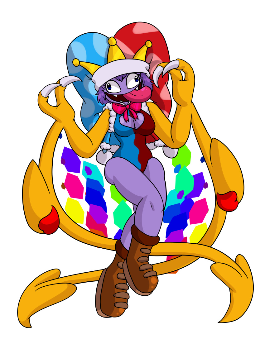 &lt;3 2018 alpha_channel blue_eyes bow_tie breasts cleavage cleavage_cutout clothed clothing crossgender crown cute_fangs derp_eyes digital_media_(artwork) fangs female footwear hair hat humanoid jester jester_hat kirby_(series) marx nintendo not_furry open_mouth purple_hair purple_skin shoes simple_background smile super_crown tongue tongue_out vest video_games yoshimister