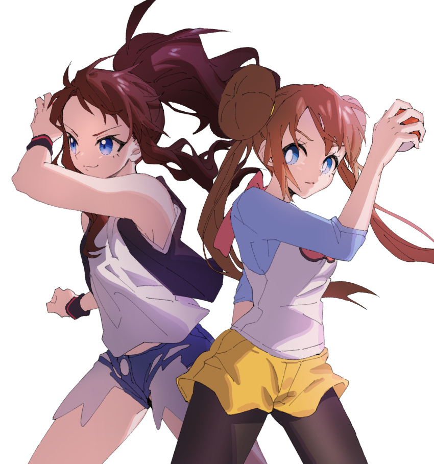 ankea_(a-ramo-do) arm_up bangs bare_shoulders black_legwear black_vest blue_eyes blue_shorts breasts brown_hair closed_mouth cowboy_shot denim denim_shorts double_bun hair_tie happy highres holding holding_poke_ball legs_apart long_hair looking_at_another looking_to_the_side medium_breasts mei_(pokemon) multiple_girls open_mouth pantyhose poke_ball poke_ball_(generic) pokemon pokemon_(game) pokemon_bw pokemon_bw2 ponytail shiny shiny_hair shirt short_shorts shorts simple_background sleeveless sleeveless_shirt smile standing tied_hair touko_(pokemon) twintails vest white_background white_shirt wristband yellow_shorts