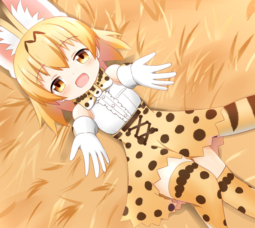 animal_ear_fluff animal_ears bangs blonde_hair blush bow bowtie brown_eyes center_frills commentary_request day elbow_gloves eyebrows_visible_through_hair frills gloves hair_between_eyes high-waist_skirt kemono_friends long_hair lying on_back outdoors outstretched_arms print_gloves print_legwear print_neckwear print_skirt serval_(kemono_friends) serval_ears serval_print serval_tail shin01571 shirt skirt sleeveless sleeveless_shirt solo striped_tail tail thighhighs white_shirt