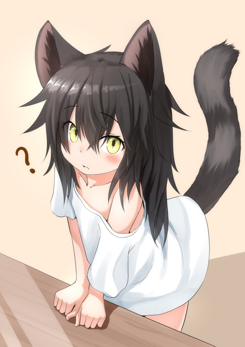 ? animal_ears arm_support bangs bare_shoulders black_hair blush cat_ears cat_girl cat_tail closed_mouth collarbone commentary_request eyebrows_visible_through_hair flat_chest hair_between_eyes highres kyabe_tsuka leaning_forward long_hair looking_at_viewer naked_shirt off_shoulder original oversized_clothes oversized_shirt shirt short_sleeves solo standing tail tail_raised white_shirt yellow_eyes