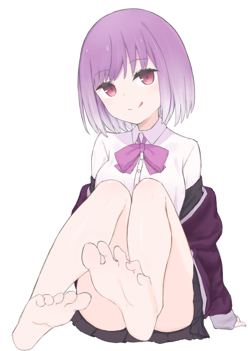 :q bare_legs barefoot black_skirt bow closed_mouth collared_shirt commentary_request convenient_leg coraman dress_shirt feet full_body head_tilt highres jacket legs long_sleeves miniskirt off_shoulder pleated_skirt purple_bow purple_hair purple_jacket red_eyes shinjou_akane shirt short_hair simple_background skirt sleeves_past_wrists smile soles solo ssss.gridman tongue tongue_out white_background white_shirt