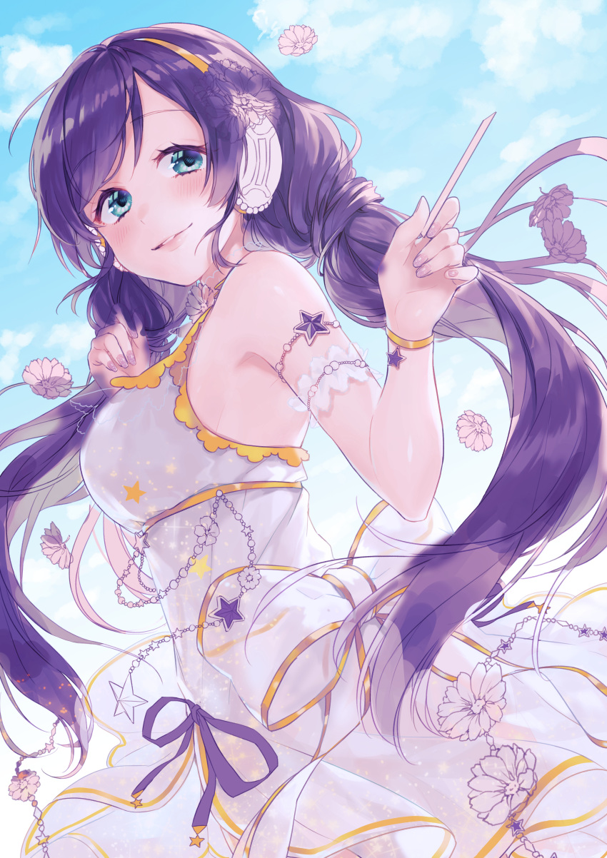 absurdres aqua_eyes armlet bracelet clenched_hands dress flower hair_flower hair_ornament headphones highres holding jewelry long_hair love_live! love_live!_school_idol_project nail_polish parted_lips pink_nails purple_hair purple_ribbon ribbon sleeveless sleeveless_dress smile solo star sudach_koppe toujou_nozomi twintails white_dress