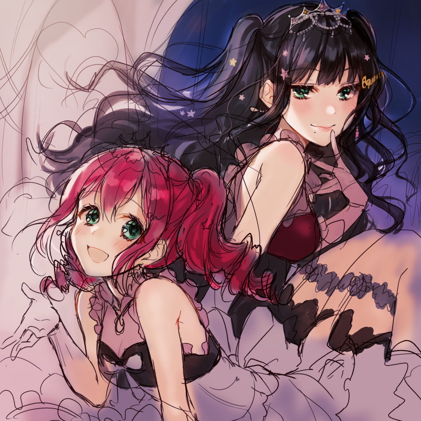 :d absurdres alternate_hairstyle aqua_eyes bangs black_hair dress drill_hair earrings garter_straps gloves green_eyes group_name hair_ornament hand_to_own_mouth highres huge_filesize jewelry kurosawa_dia kurosawa_ruby looking_at_viewer love_live! love_live!_sunshine!! mole mole_under_mouth multiple_girls open_mouth red_hair siblings sisters sitting sketch smile star star_hair_ornament sudach_koppe tiara twin_drills two_side_up