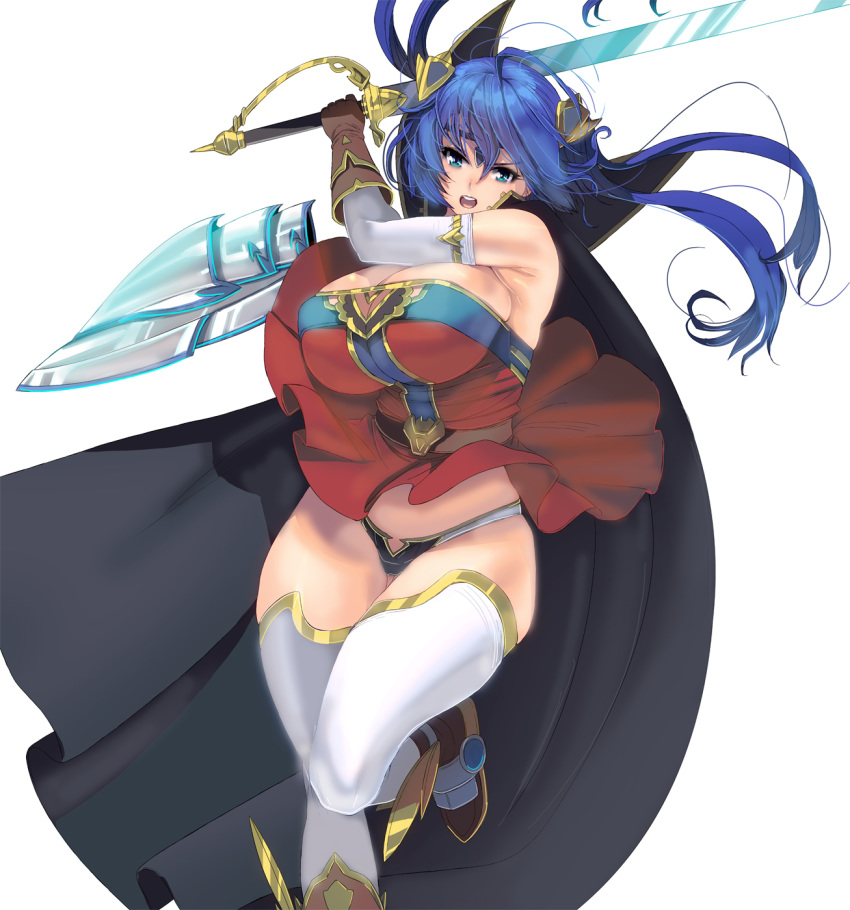 blue_hair boots breasts buckle curvy dress elbow_gloves gloves hair_ornament huge_breasts masao original plump short_dress sword thighhighs thong weapon