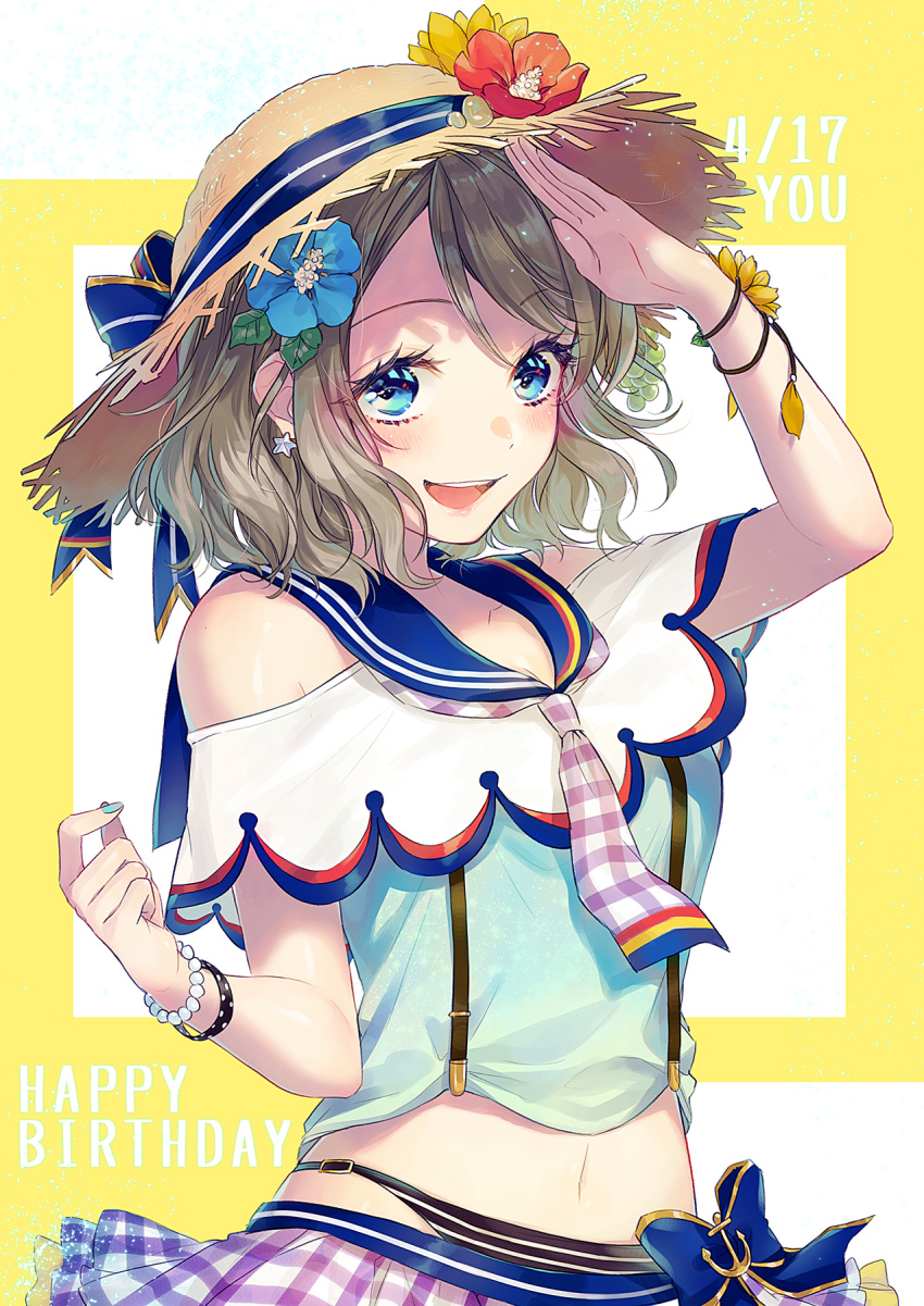 :d anchor_symbol bikini bikini_under_clothes black_bikini_bottom blue_bow blue_eyes blue_flower blue_nails blue_ribbon bow bracelet character_name clenched_hand dated earrings flower grey_hair hair_flower hair_ornament happy_birthday hat hat_flower hat_ribbon highres jewelry looking_at_viewer love_live! love_live!_sunshine!! nail_polish navel neckerchief open_mouth pearl_bracelet plaid plaid_neckwear plaid_skirt red_flower ribbon sailor_collar salute short_hair shoulder_cutout skirt smile solo star star_earrings straw_hat striped_bikini_bottom sudach_koppe suspenders swimsuit watanabe_you wavy_hair wrist_flower yellow_flower