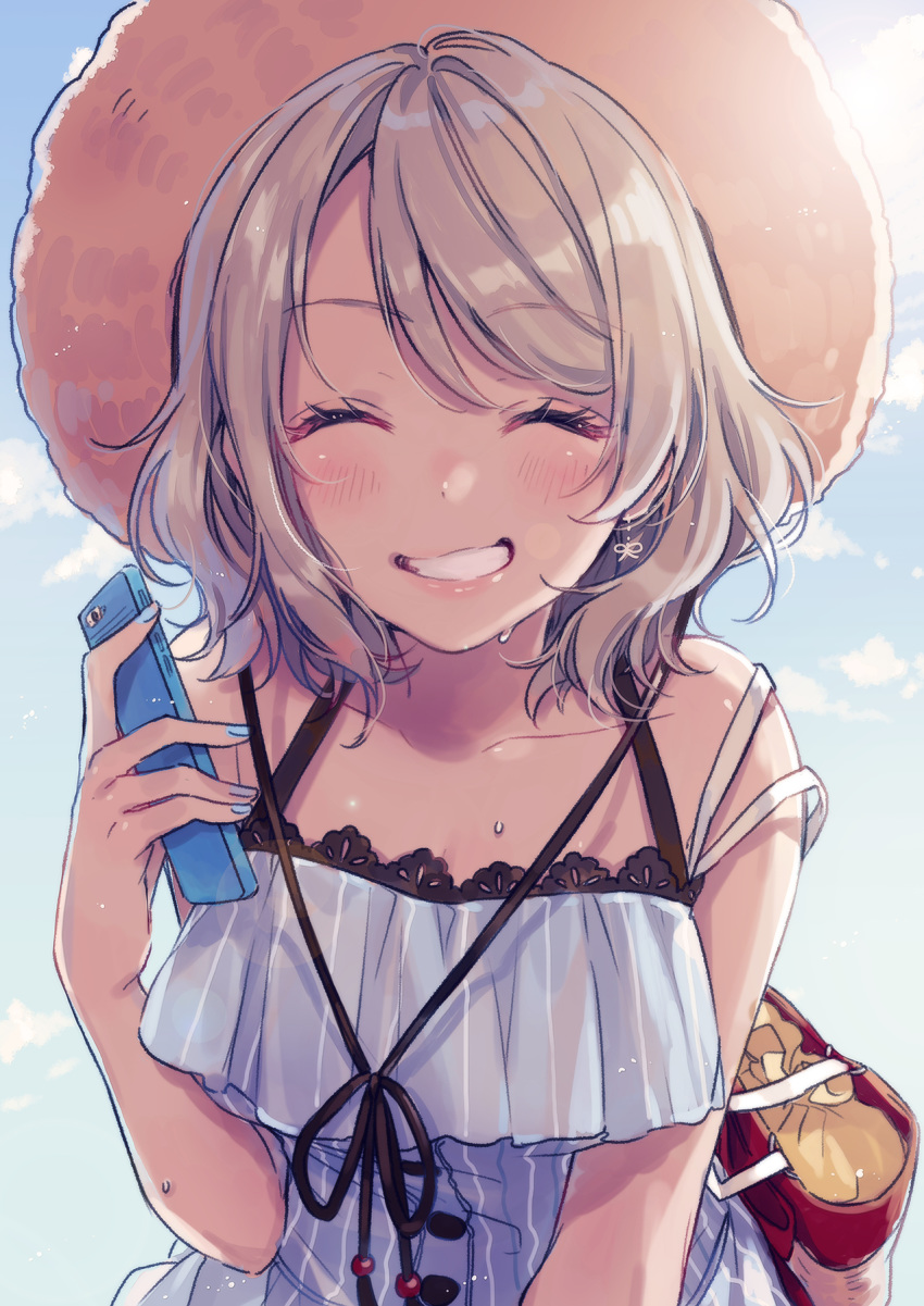 ^_^ bag bangs blue_dress blue_nails cellphone closed_eyes collarbone dress earrings facing_viewer grey_hair grin hand_up hat highres holding holding_phone jewelry love_live! love_live!_sunshine!! nail_polish phone short_hair shoulder_bag smartphone smile solo sudach_koppe sun_hat sundress upper_body watanabe_you wet