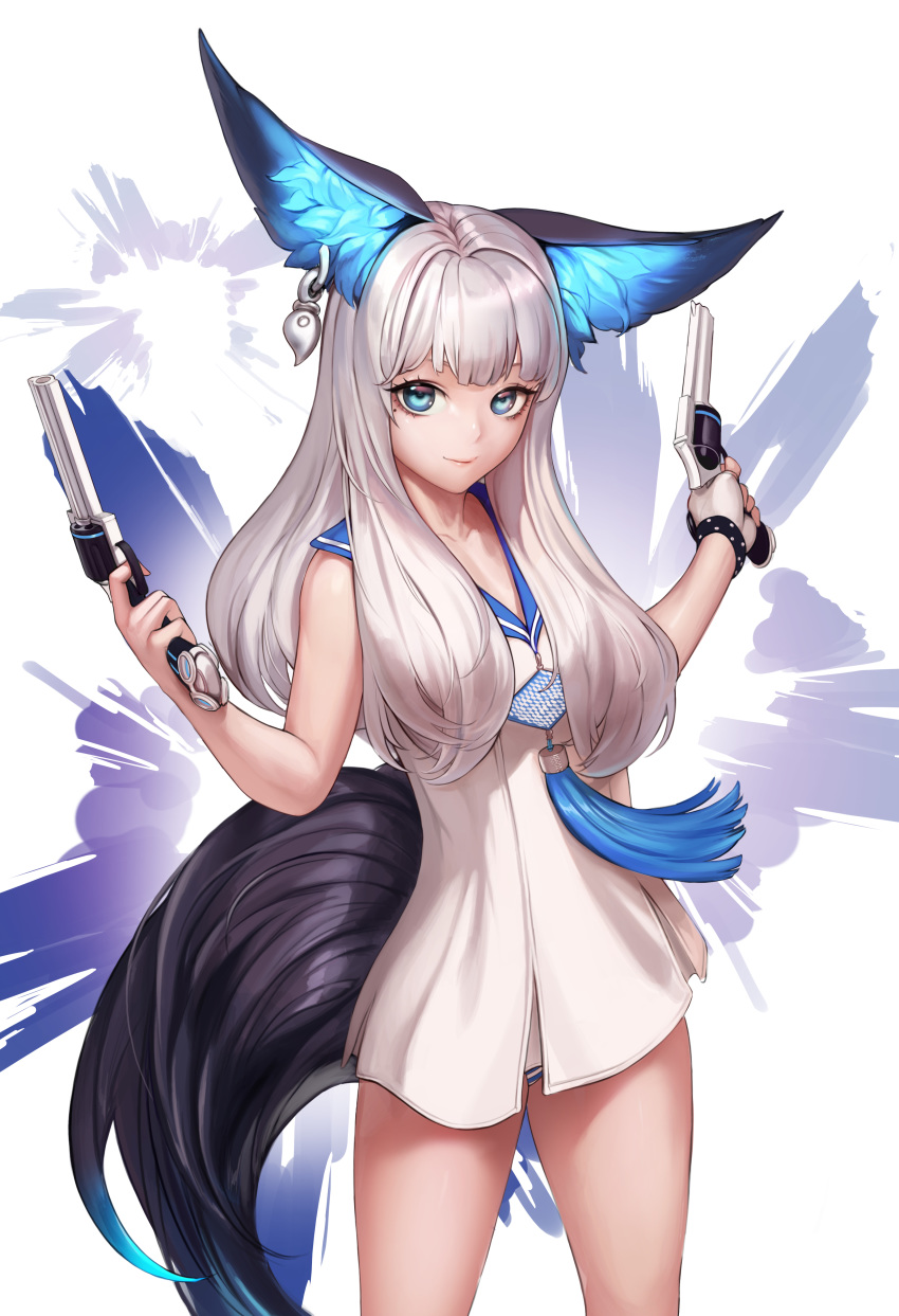 absurdres animal_ear_fluff animal_ears bangs bare_arms bare_shoulders blade_&amp;_soul blue_eyes blue_panties blunt_bangs breasts bullet_hole closed_mouth cowboy_shot dress dual_wielding earrings fingerless_gloves gloves grey_hair gun highres holding holding_gun holding_weapon jewelry lipstick long_hair looking_at_viewer lyn_(blade_&amp;_soul) makeup medium_breasts mole mole_under_eye monaim panties pantyshot pantyshot_(standing) pink_lips short_dress single_glove sleeveless sleeveless_dress smile solo standing straight_hair striped striped_panties tail underwear upskirt very_long_hair weapon white_background white_dress white_gloves