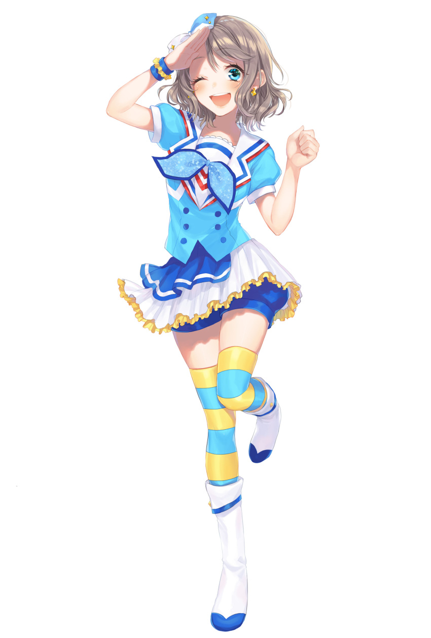 ;d absurdres aozora_jumping_heart bangs blue_eyes blue_shirt blue_shorts boots bow brown_hair clenched_hand earrings frilled_skirt frills full_body hair_bow highres jewelry knee_boots leg_up love_live! love_live!_sunshine!! miniskirt one_eye_closed open_mouth original parted_bangs pleated_skirt salute shiny shiny_hair shirt short_hair short_shorts short_sleeves shorts shorts_under_skirt simple_background skirt smile solo standing standing_on_one_leg striped striped_legwear sudach_koppe thighhighs white_background white_footwear white_skirt wrist_cuffs