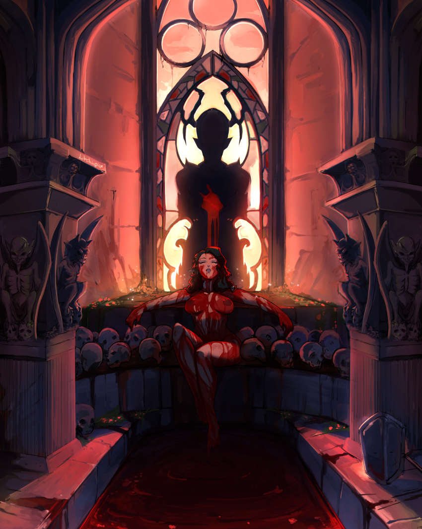 areolae bath bath_of_blood black_hair blood blood_on_breasts blood_on_face breasts breasts_apart closed_eyes commentary english_commentary full_body gargoyle gothic highres large_breasts legs_together litchipix long_hair nipples nude original pedestal pointy_ears reclining sitting skull solo stained_glass vampire vanessa_(litchipix)