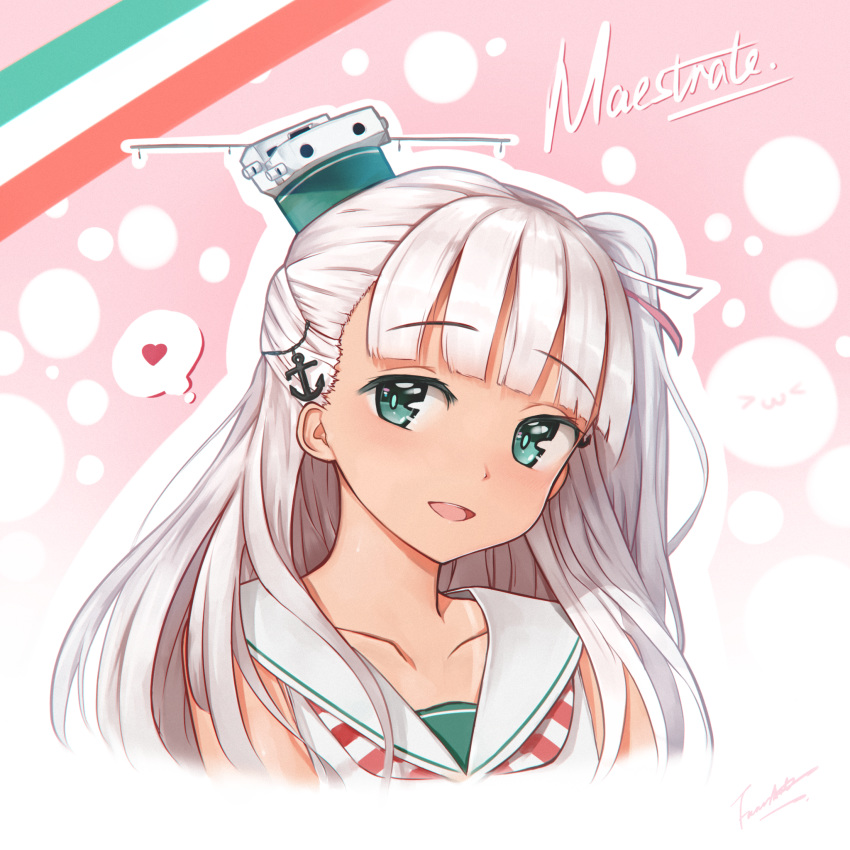 :d anchor_hair_ornament bangs bare_shoulders blunt_bangs blush character_name collarbone commentary_request fancyark green_eyes hair_ornament hair_ribbon hat head_tilt heart highres italian_flag kantai_collection long_hair looking_at_viewer maestrale_(kantai_collection) mini_hat neckerchief one_side_up open_mouth pink_background portrait ribbon sailor_collar signature sleeveless smile solo striped striped_neckwear thought_bubble two-tone_background upper_teeth white_hair white_hat white_sailor_collar