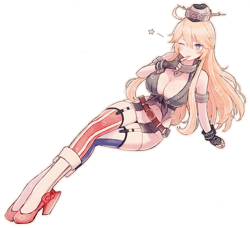 belt blonde_hair blue_eyes breasts cleavage elbow_gloves fingerless_gloves front-tie_top full_body garter_straps gloves hair_between_eyes headgear highres iowa_(kantai_collection) kantai_collection large_breasts long_hair looking_at_viewer miniskirt mismatched_legwear navel okayu_(okayutabeyo_) simple_background skirt solo star star-shaped_pupils striped striped_legwear symbol-shaped_pupils thighhighs vertical-striped_legwear vertical_stripes white_background