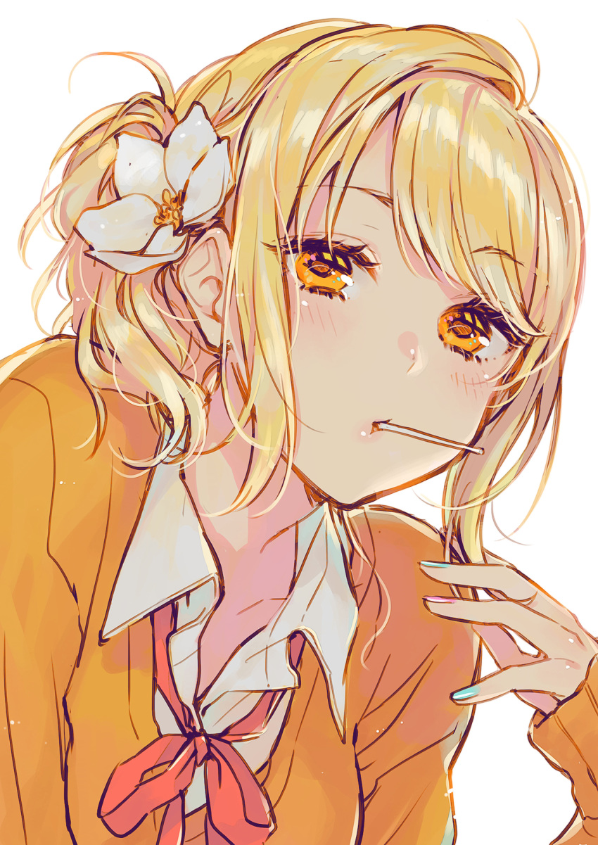 bangs blonde_hair blue_nails candy collared_shirt flower food hair_flower hair_ornament highres lollipop long_sleeves looking_at_viewer love_live! love_live!_school_idol_festival miyashita_ai mouth_hold multicolored multicolored_nails nail_polish neck_ribbon orange_cardigan orange_eyes perfect_dream_project pink_nails playing_with_own_hair red_neckwear ribbon shirt sidelocks solo sudach_koppe swept_bangs upper_body white_background white_flower white_shirt