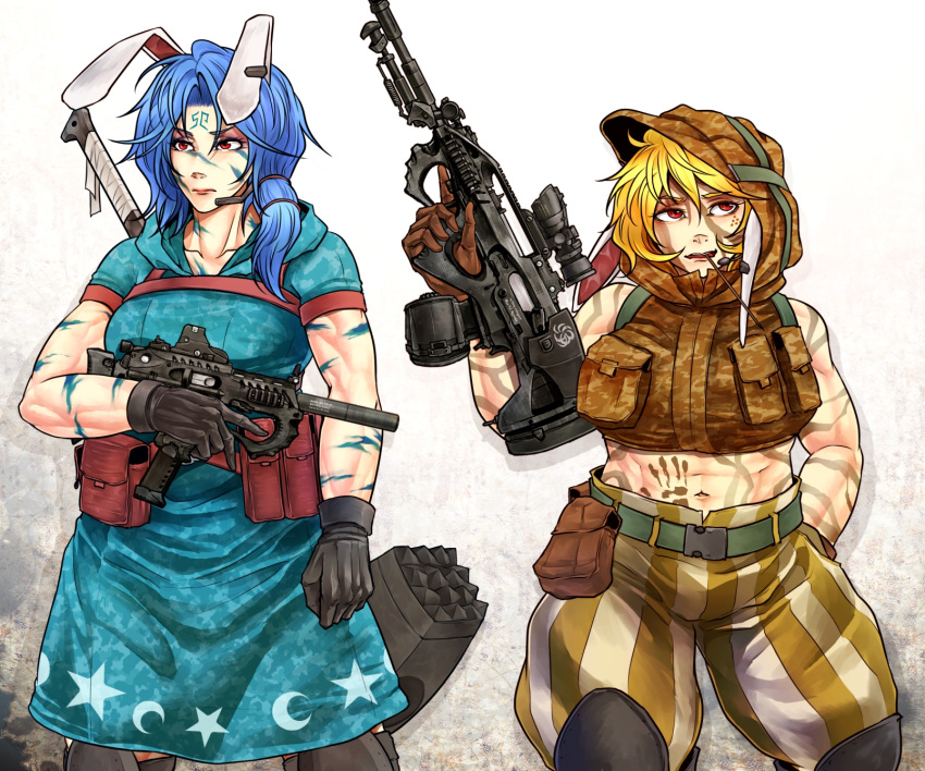abs adapted_costume animal_ears aqua_dress arm_at_side assault_rifle bare_arms bare_shoulders belt belt_pouch black_gloves blonde_hair blue_hair bodypaint brown_gloves bunny_ears camouflage clenched_hand closed_mouth commentary_request cowboy_shot dress ear_clip expressionless facepaint floppy_ears gloves gun hair_between_eyes hammer hand_print hand_up highres holding holding_gun holding_weapon hood hood_down hood_up hooded_dress hooded_vest knee_pads long_hair looking_afar looking_up low_ponytail medium_dress midriff mouth_hold multiple_girls navel pants pouch red_eyes rifle ringo_(touhou) ryuuichi_(f_dragon) seiran_(touhou) short_hair short_sleeves shoulder-to-shoulder side_ponytail skewer smile standing stomach submachine_gun toned touhou vest weapon weapon_on_back weapon_request