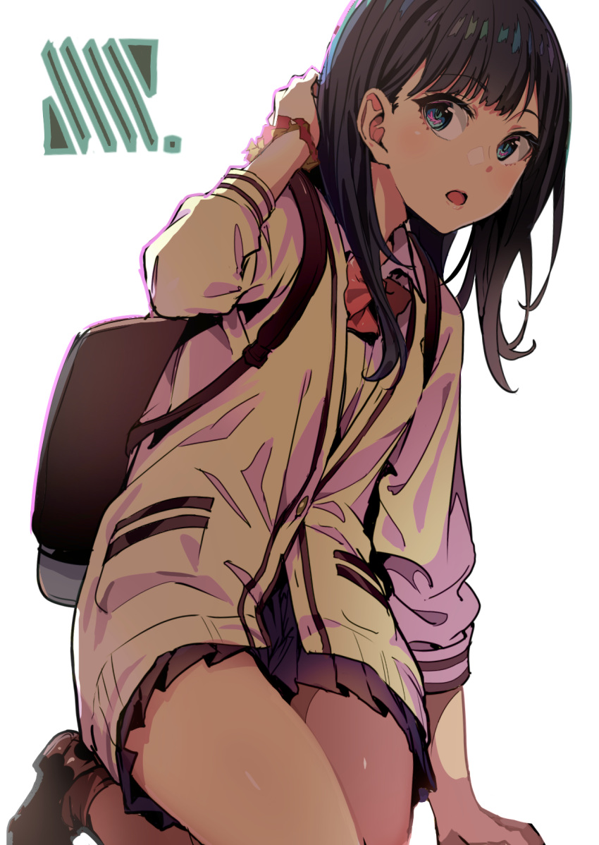 akechi_shizuku backpack bag bangs black_hair black_skirt blue_eyes blush cardigan commentary_request eyebrows_visible_through_hair hand_up highres knee_up long_hair miniskirt open_mouth pleated_skirt school_uniform scrunchie simple_background skirt solo ssss.gridman takarada_rikka thighs white_background wrist_scrunchie