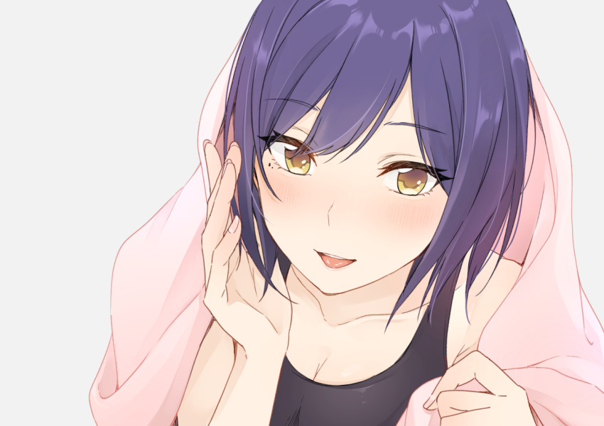 bangs bare_shoulders blanket breasts cleavage collarbone eyebrows_visible_through_hair fingernails long_fingernails medium_breasts nijisanji parted_lips purple_hair shizuka_rin short_hair simple_background solo tank_top teti under_covers upper_body upper_teeth virtua_fighter white_background