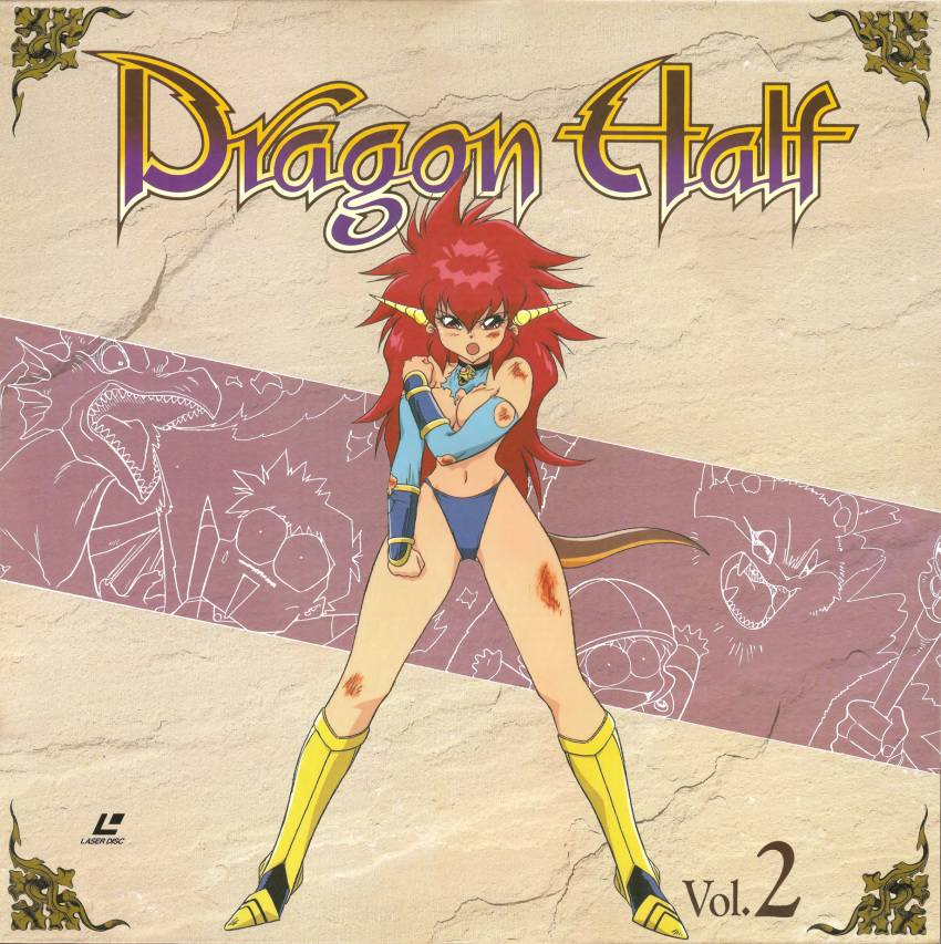 90s :o armored_boots boots bracer copyright_name cover covering covering_breasts dragon_half dragon_horns dragon_tail full_body hand_on_own_shoulder highres horns injury knee_boots laserdisc_cover legs_apart mink_(dragon_half) navel official_art open_mouth red_eyes red_hair solo standing tail torn_clothes yellow_footwear