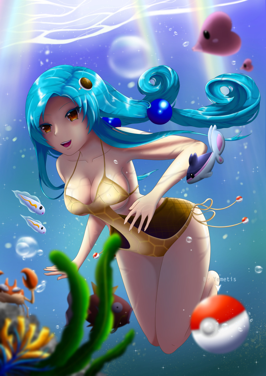 absurdres air_bubble aqua_hair bad_anatomy barefoot blurry blurry_foreground blush breasts brown_swimsuit bubble casual_one-piece_swimsuit caustics crossover day depth_of_field finneon gen_1_pokemon gen_3_pokemon gen_4_pokemon gen_5_pokemon highres krabby light_rays long_hair luvdisc magikarp ocean one-piece_swimsuit open_mouth original outdoors poke_ball poke_ball_(generic) poke_ball_theme pokemon pokemon_(creature) self_upload side-tie_swimsuit smile solo source_request sunbeam sunlight swimsuit tynamo underwater underwear yemetis