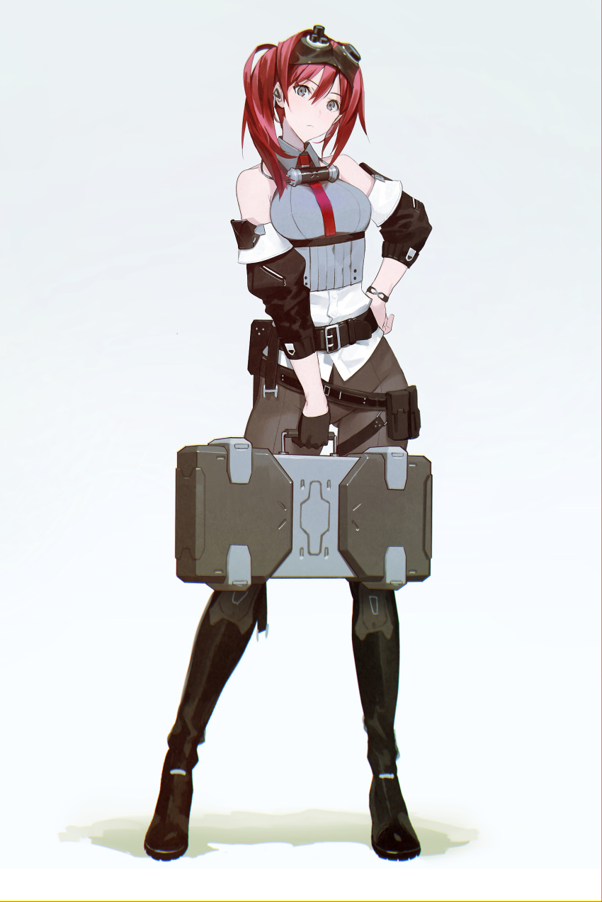 belt between_legs boots case commentary contrapposto cyberpunk detached_sleeves earpiece frown gloves goggles goggles_on_head grey_eyes hand_between_legs hand_on_hip head_tilt highres holding kawaguchi_(mojacome) knee_boots long_hair looking_at_viewer mechanic necktie original pouch red_hair shadow single_glove underbust