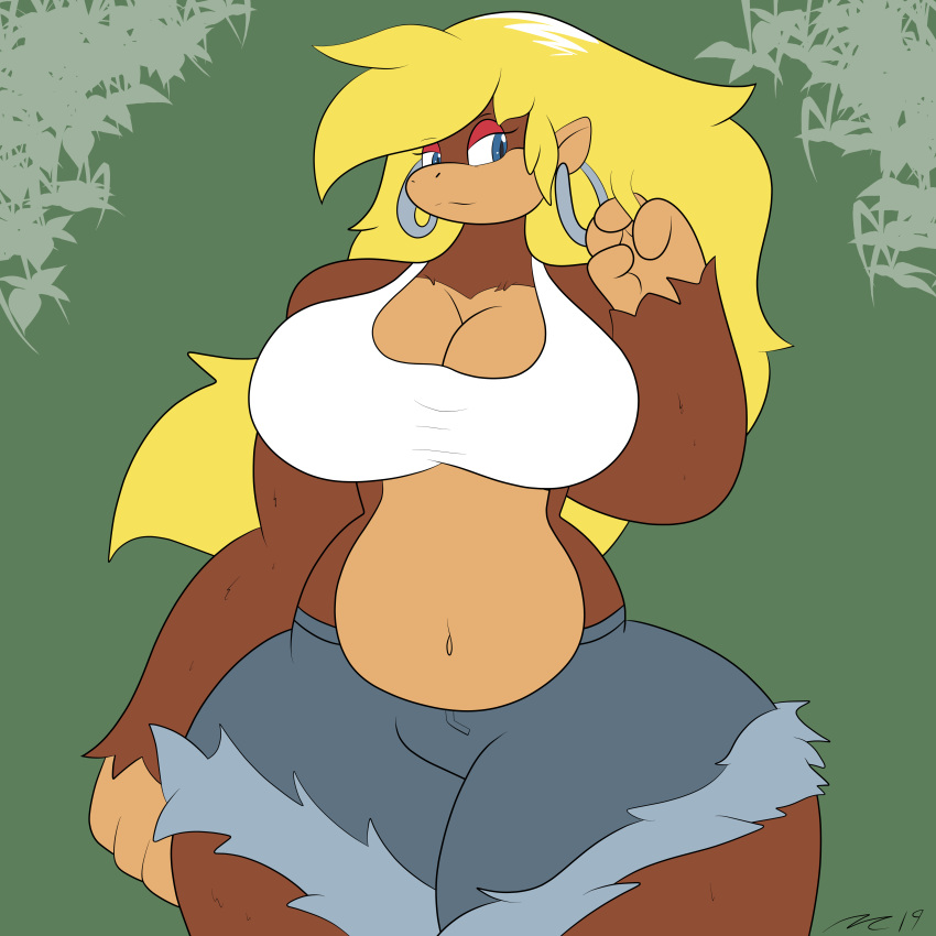 ape big_breasts blonde_hair breasts clothing coco ear_piercing ear_ring female fingers_through_hair hair huge_breasts jewelry long_hair mac-daddy_(artist) makeup mammal piercing primate shirt shorts smile solo tank_top