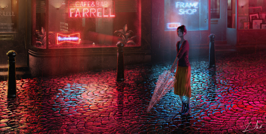 black_eyes black_footwear black_hair blouse blurry bracelet candle closed_mouth dark depth_of_field door frame hair_bun holding holding_umbrella jewelry light long_skirt looking_at_viewer neon_lights night original outdoors painting_(object) pavement plant post rain reflective_floor road shirt shoes shop sign signature skirt solo standing street tamaki_(tamaki_illust) transparent transparent_umbrella umbrella white_legwear white_shirt window yellow_skirt