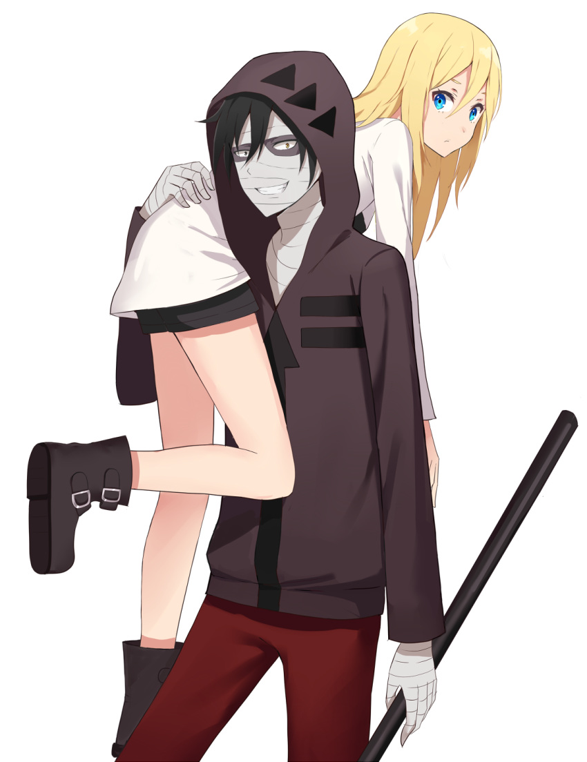 1girl bandages black_footwear black_jacket black_shorts black_skin blonde_hair blue_eyes boots grin hair_between_eyes highres holding holding_person hood hooded_jacket isaac_foster jacket kenkaizar leg_up long_hair looking_at_viewer pants rachel_gardner red_pants satsuriku_no_tenshi shiny shiny_hair shirt short_shorts shorts simple_background smile white_background white_shirt