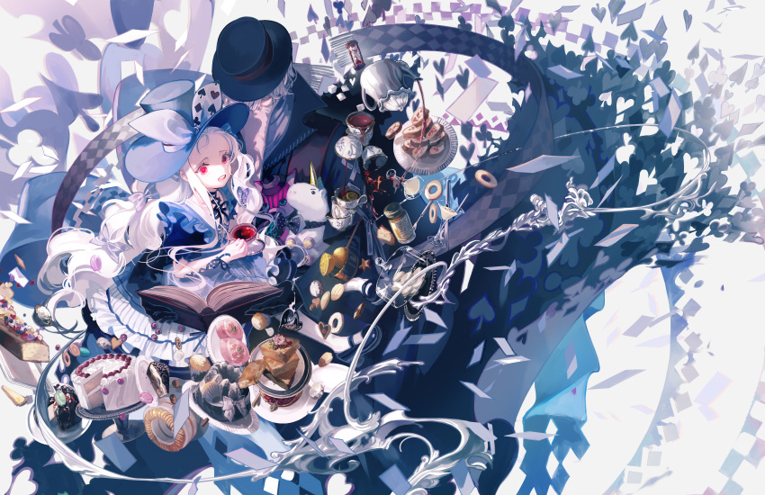 1girl abstract absurdres beard book bow bowtie cake cheshire_cat closed_eyes club_(shape) cocktail_glass cookie cup diamond_(shape) dress drinking_glass facial_hair food frilled_dress frills grey_hair hair_bow heart highres holding hourglass huge_filesize isekai_goumonhime jam jar knife long_hair looking_at_viewer looking_down old_man open_mouth pale_skin pink_hair plate pouring red_eyes saucer smile spade_(shape) stuffed_animal stuffed_toy tea teacup ukai_saki unicorn white_hair