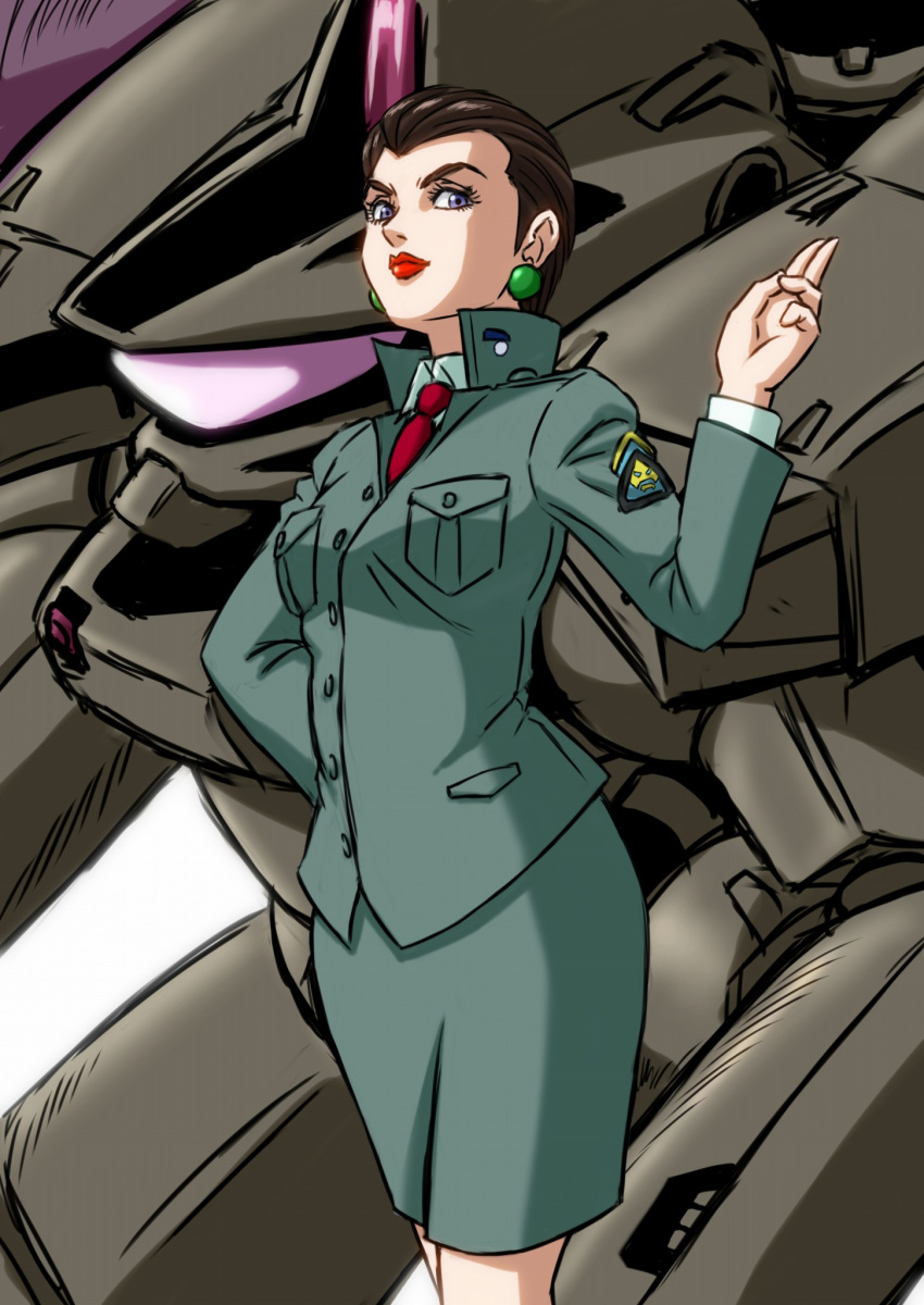 1girl 80s blue_eyes brown_hair carmen_ibanez commentary_request couple earrings emblem good_end helmet highres insignia jewelry johnny_rico lips looking_at_viewer mecha military military_uniform mobile_infantry necktie officer official_style oldschool power_armor science_fiction serious short_hair sketch skirt soldier starship_troopers uchuu_no_senshi uniform visor yamabata_mami