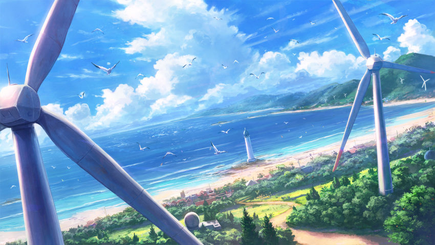 beach bird blue_sky building cloud cloudy_sky commentary_request day dutch_angle flock forest horizon island lighthouse mountain nature no_humans ocean official_art original outdoors road scenery seagull shiki_makoto shore sky town tree water wind_turbine windmill