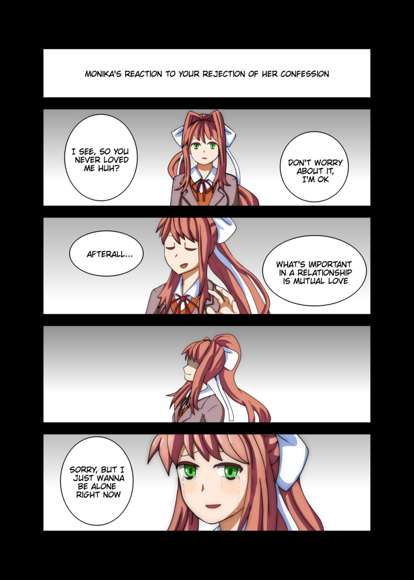 4koma :d arkeden_razeare bow brown_hair closed_eyes collared_shirt comic commentary crying crying_with_eyes_open doki_doki_literature_club english english_commentary furrowed_eyebrows green_eyes hair_bow hair_intakes high_ponytail highres long_hair looking_at_viewer monika_(doki_doki_literature_club) neck_ribbon open_mouth parted_lips profile red_ribbon ribbon school_uniform shaded_face shirt smile speech_bubble tears white_bow white_shirt wing_collar