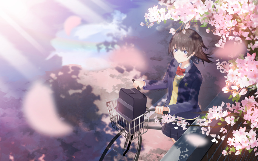 bag bangs bicycle bicycle_basket blazer blue_eyes blue_jacket blue_skirt blurry blush bow bowtie brick_wall brown_hair cardigan cherry_blossoms closed_mouth collared_shirt commentary_request dappled_sunlight day depth_of_field falling_leaves flower from_above ground_vehicle highres holding jacket leaf long_hair long_sleeves looking_at_viewer miniskirt original outdoors pleated_skirt rainbow red_neckwear school_bag school_uniform shirt sidelocks skirt smile solo sunlight tiya tree tree_shade white_shirt wing_collar