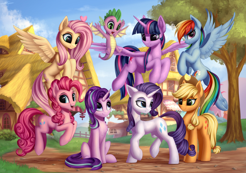 2018 absurd_res applejack_(mlp) cutie_mark detailed_background dragon earth_pony equine eyelashes feathered_wings feathers female feral fluttershy_(mlp) friendship_is_magic group hair hat hi_res hooves horn horse long_hair mammal my_little_pony open_mouth outside pegasus pinkie_pie_(mlp) pony rainbow_dash_(mlp) rarity_(mlp) setharu smile spike_(mlp) starlight_glimmer_(mlp) tree twilight_sparkle_(mlp) unicorn winged_unicorn wings young