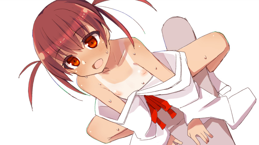 arm_support bangs brown_hair commentary_request dutch_angle eyebrows_visible_through_hair flat_chest hair_between_eyes implied_sex japanese_clothes kimono kimono_pull long_sleeves maze_(gochama_ze_gohan) nipples no_shoes off_shoulder one-piece_tan open_mouth red_eyes red_ribbon ribbon saki sleeves_past_wrists socks solo_focus squatting sweat tan tanline twintails usuzumi_hatsumi white_kimono white_legwear wide_sleeves