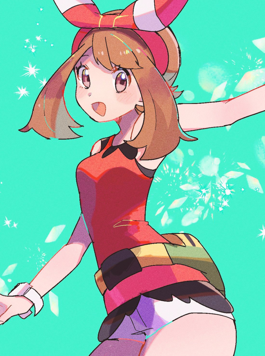 arm_up bag bangs bare_shoulders blush blush_stickers breasts brown_eyes brown_hair cowboy_shot fanny_pack green_background happy haruka_(pokemon) highres looking_at_viewer medium_breasts medium_hair open_mouth outstretched_arm pokemon pokemon_(game) pokemon_oras red_shirt ririmon shirt short_shorts shorts simple_background sleeveless sleeveless_shirt smile solo sparkle standing watch white_shorts wristwatch