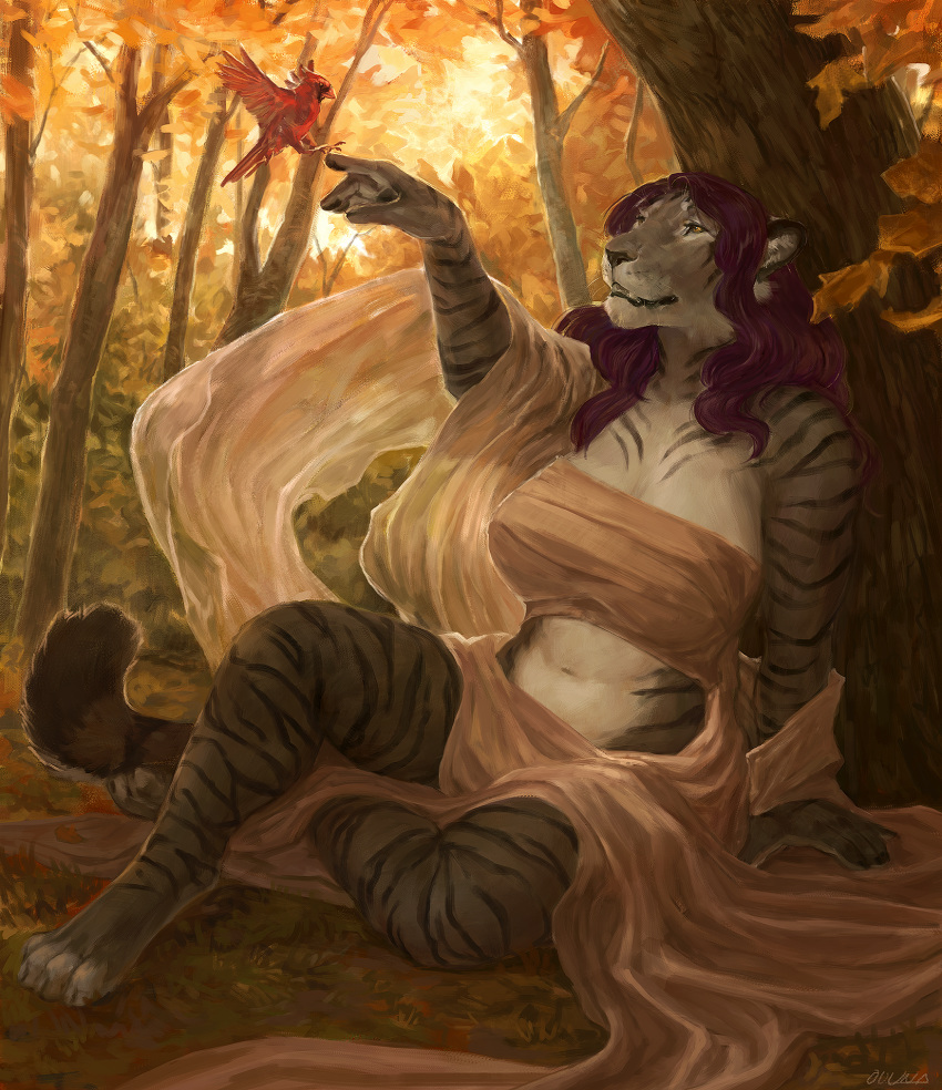 anthro autumn avian bird breasts cardinal_(bird) clothed clothing day feline female forest fur gemma_ssasen hair long_hair mammal midriff navel oouna outside purple_hair raised_arm sitting solo striped_fur stripes tiger tree whiskers white_belly