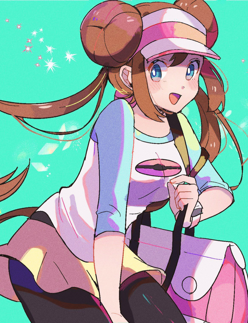 bag bangs black_legwear blue_eyes blush breasts brown_hair cowboy_shot double_bun green_background hand_up happy hat highres long_hair looking_to_the_side medium_breasts mei_(pokemon) open_mouth pantyhose pink_hat poke_ball_symbol poke_ball_theme pokemon pokemon_(game) pokemon_bw2 ririmon shiny shiny_hair shirt short_shorts shorts simple_background smile solo sparkle standing tied_hair twintails visor_cap yellow_shorts