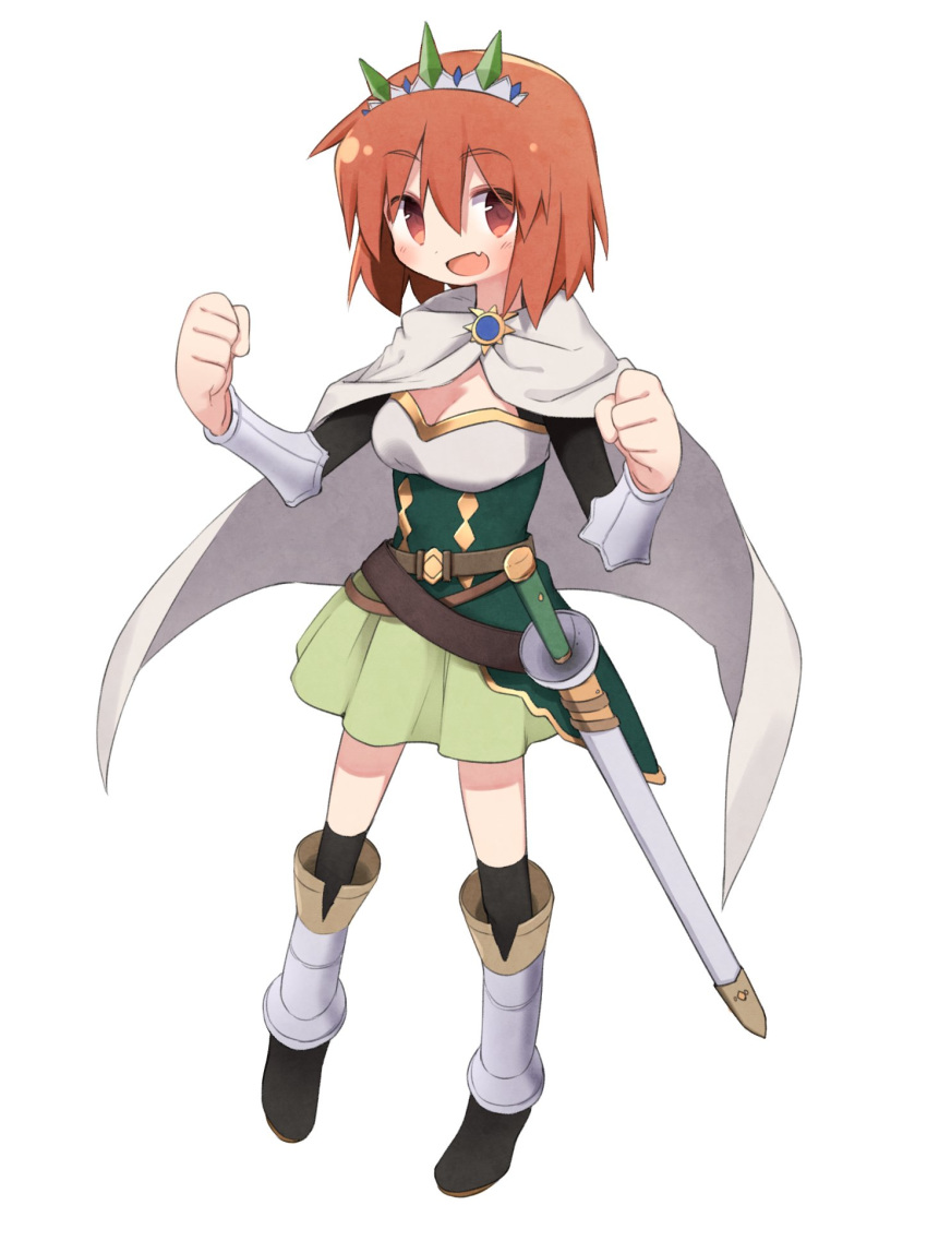 armor black_legwear blush breasts cape cleavage eyebrows_visible_through_hair full_body green_skirt highres inokuma_youko kin-iro_mosaic kirara_fantasia kneehighs looking_at_viewer medium_breasts okayparium open_mouth over-kneehighs red_eyes red_hair sheath sheathed short_hair simple_background skirt smile solo sword thighhighs weapon white_background