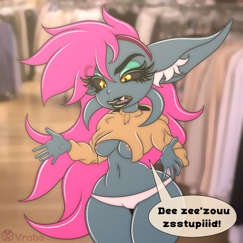 2018 5_fingers ant areola arthropod biped black_lips black_sclera blue_skin breasts clothed clothing dialogue drawyourfursona english_text eyebrows eyelashes female hair hoodie hybrid imp inner_ear_fluff insect iqua_kicks long_ears long_hair meme navel open_mouth panties pink_hair shirt short_stack skimpy solo speech_bubble standing teeth text twitter_hoodie underwear vrabo wide_hips yellow_eyes