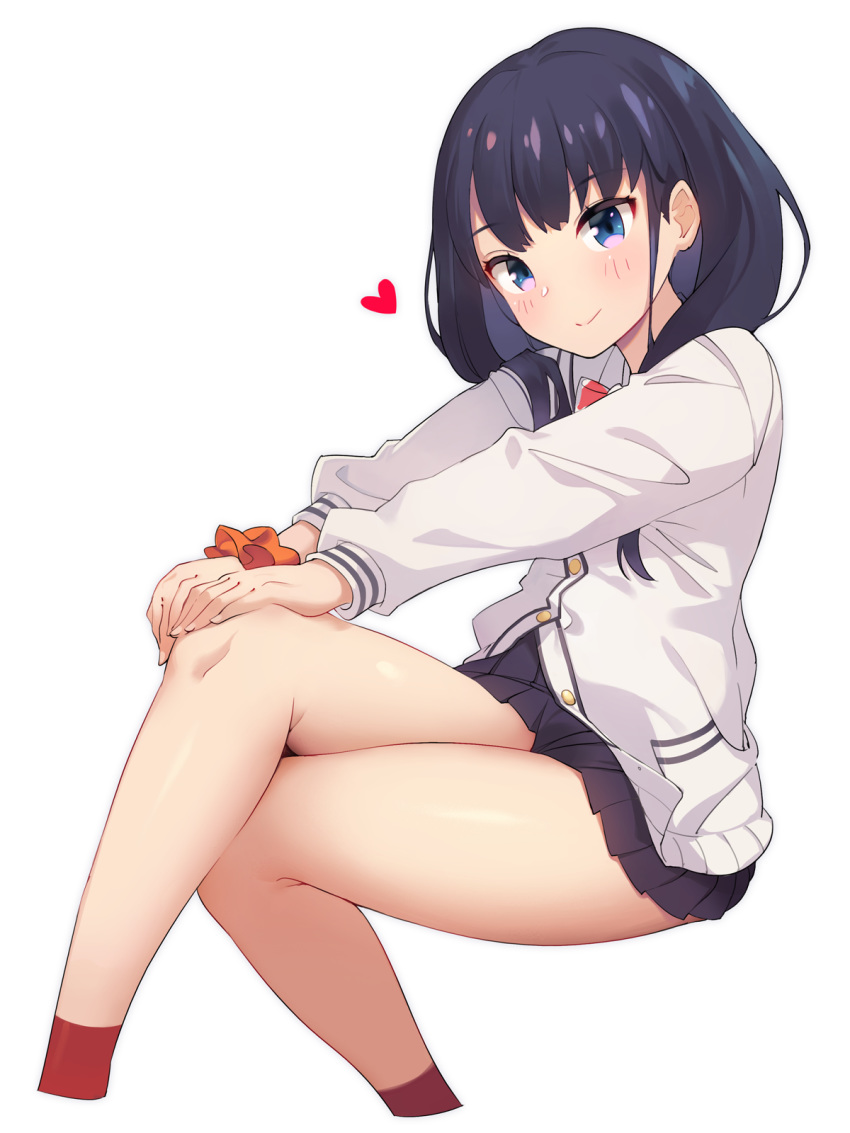 black_hair black_skirt blue_eyes cardigan commentary_request crossed_legs hands_on_own_knee heart highres jehyun legs long_hair miniskirt red_footwear school_uniform scrunchie shirt simple_background sitting skirt smile socks solo ssss.gridman takarada_rikka thighs white_background white_cardigan white_shirt wrist_scrunchie