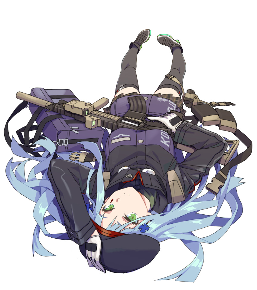 arm_up assault_rifle bag bangs beret black_footwear black_hat black_legwear blue_hair boots breasts brown_skirt closed_mouth eyebrows_behind_hair full_body girls_frontline gloves green_eyes gun hair_spread_out hand_on_headwear hat heckler_&amp;_koch highres hk416 hk416_(girls_frontline) holding holding_gun holding_weapon light_frown long_hair long_sleeves looking_at_viewer lying ningen_(ningen96) object_namesake on_back plaid plaid_skirt pleated_skirt purple_eyes rifle simple_background skirt small_breasts solo thighhighs trigger_discipline upside-down very_long_hair weapon white_background white_gloves