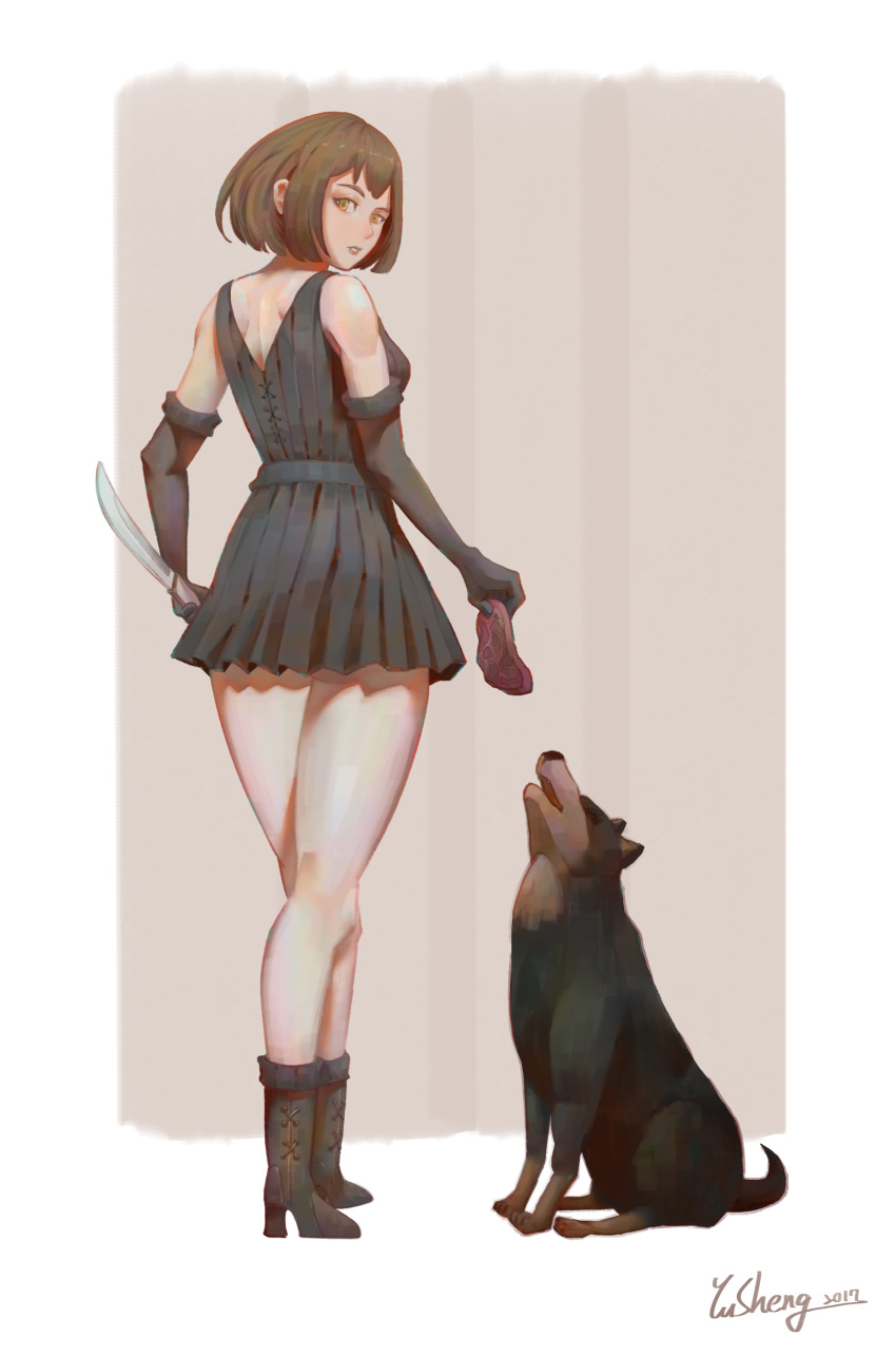 absurdres animal artist_name ass bad_anatomy black_dress black_gloves black_skirt boots brown_eyes brown_footwear brown_hair dated dog dress elbow_gloves food gloves highres holding holding_knife knife looking_at_viewer looking_back meat parted_lips short_hair simple_background skirt standing yusheng