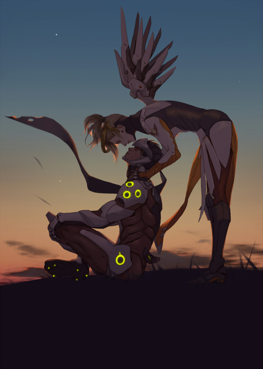 1girl bent_over blonde_hair closed_eyes couple cyborg face-to-face from_side full_body genji_(overwatch) hand_on_another's_shoulder hand_on_own_knee hetero highres indian_style knees_up leaning_back mechanical_halo mechanical_wings mercy_(overwatch) neon_trim on_ground outdoors overwatch pelvic_curtain power_armor power_suit profile sae_(revirth) scarf short_ponytail sitting standing sunset wings