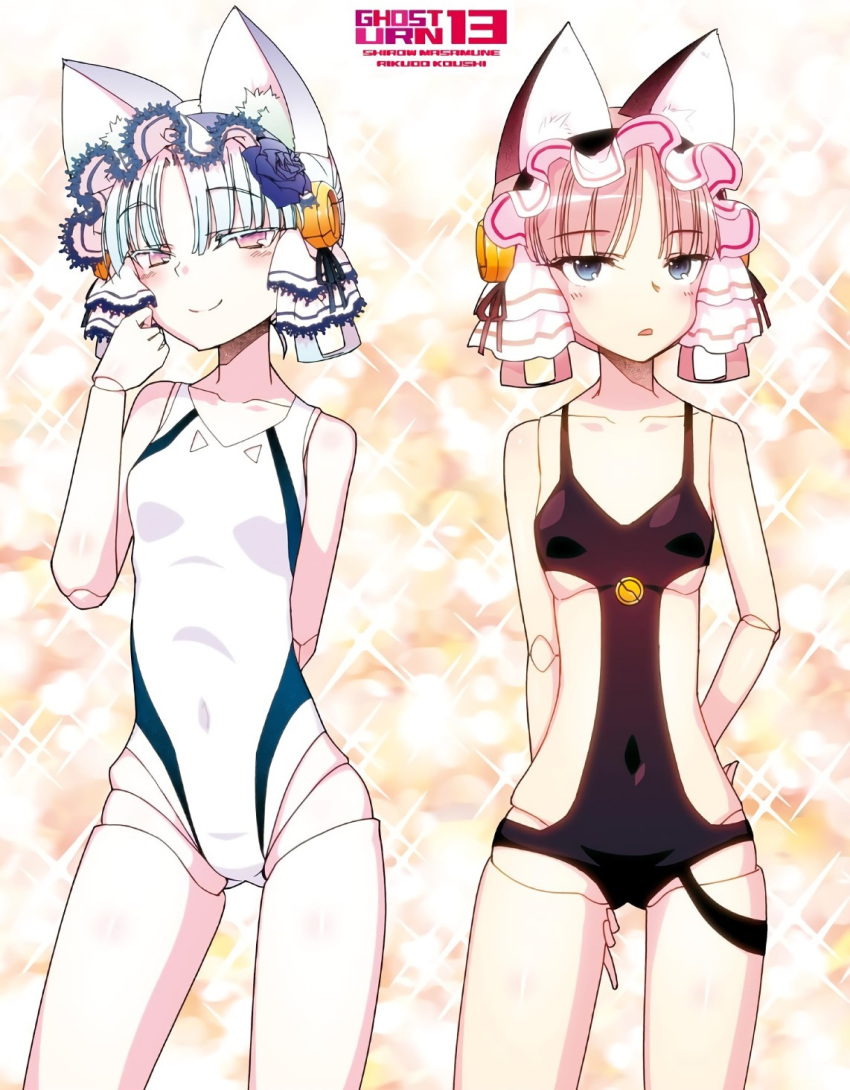 2girls android animal_ears black_flower black_rose black_swimsuit blue_eyes breasts casual_one-piece_swimsuit cat_ears clarion competition_swimsuit copyright_name flower hair_ornament highres hitotose_rin koukaku_no_pandora lace multiple_girls one-piece_swimsuit phobos_(koukaku_no_pandora) pink_eyes pink_hair robot_joints rose small_breasts smile sparkle_background swimsuit white_hair white_swimsuit