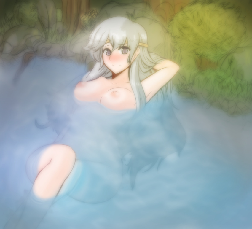 1girl areolae arm_behind_head bare_arms bare_legs bare_midriff bare_shoulders blush breasts diadora_(fire_emblem) female fire_emblem fire_emblem:_seisen_no_keifu forest happy headband hips in_water knees large_breasts laying laying_down legs legs_crossed legs_together long_hair looking_at_viewer lying midriff nature navel nintendo nipples nude on_back pond pool purple_eyes relaxed relaxing resting silver_hair sitting smile solo tridisart underwater water wide_hips