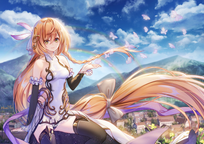 blonde_hair braids building clouds haneru landscape long_hair rainbow scenic sky tagme_(character) thighhighs yellow_eyes