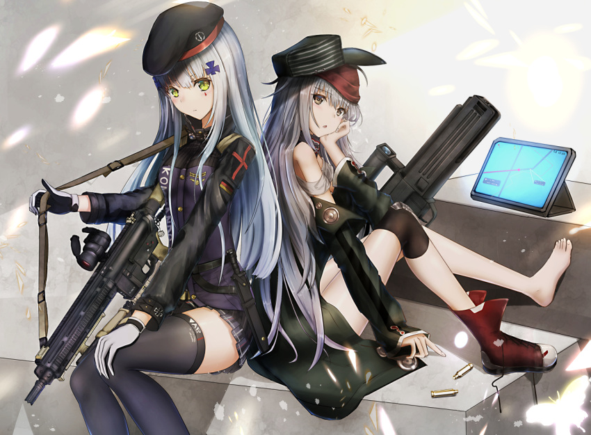 bangs beret black_legwear blunt_bangs blush boots breasts brown_eyes bullpup clothes_writing combat_knife commentary eyebrows_visible_through_hair facial_mark g11 g11_(girls_frontline) girls_frontline gloves green_coat green_eyes grey_shirt gun hair_between_eyes hair_ornament hat head_on_hand heckler_&amp;_koch hk416 hk416_(girls_frontline) holding holding_gun holding_weapon jacket knife knife_holster light_particles long_hair long_sleeves looking_at_viewer medium_breasts monitor multiple_girls off_shoulder open_clothes open_mouth plaid plaid_skirt rifle scarf scarf_on_head scope shell_casing shirt shorts shoulder_cutout shumeia silver_hair single_boot single_knee_pad sitting skirt teardrop thighhighs very_long_hair weapon