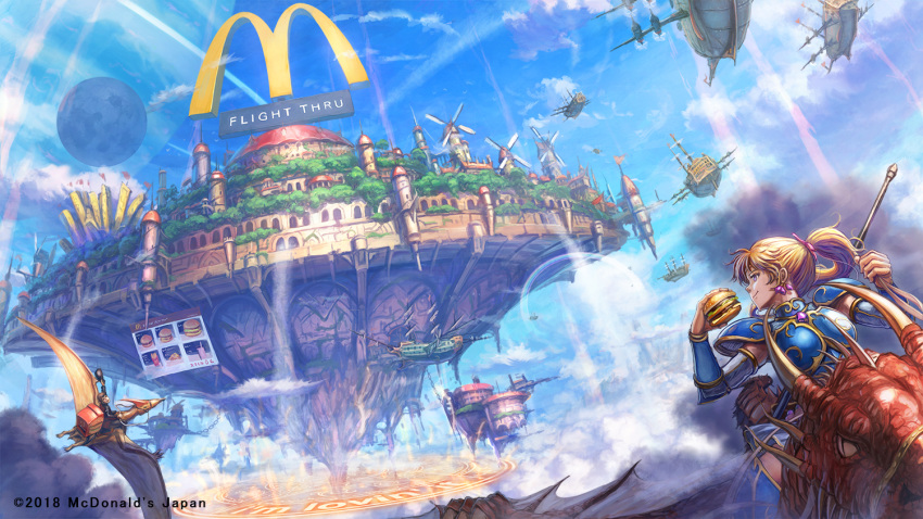 1girl above_clouds aircraft airship armor blonde_hair blue_sky brown_hair building chain cloud cloudy_sky commentary_request day dinosaur dragon fantasy flag floating_island food gauntlets hamburger holding holding_food horns light_rays long_hair looking_away magic_circle mcdonald's menu_board moon official_art outdoors ponytail pterodactyl purple_eyes rainbow restaurant riding shiki_makoto short_hair sign skirt sky slit_pupils smoke watermark windmill wings