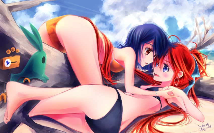 2girls alternate_costume alternate_hairstyle artist_request ass bare_shoulders barefoot beach bikini black_bikini black_swimsuit blue_eyes blue_hair blush bracelet breasts brown_eyes couple earrings eye_contact face-to-face female flip_flappers hair_ornament hand_holding happy highres imminent_kiss jewelry kokomine_cocona log long_hair looking_at_another lying midriff multiple_girls open_mouth orange_bikini orange_swimsuit outdoors papika_(flip_flappers) red_hair sand sea short_hair small_breasts smile straddling swimsuit yuri